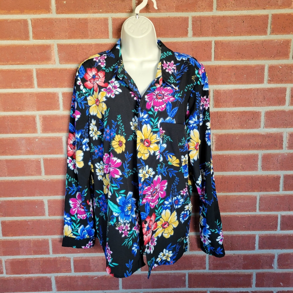 Time and Tru XL Black Multicolor Floral Button Down Blouse.  #355